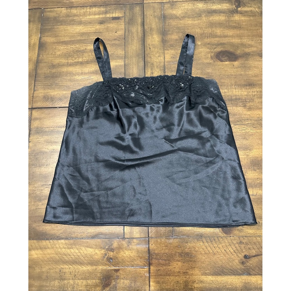 Escapades‎ Vintage Black Satin Lace Beaded Camisole Top Women's Large USA Made